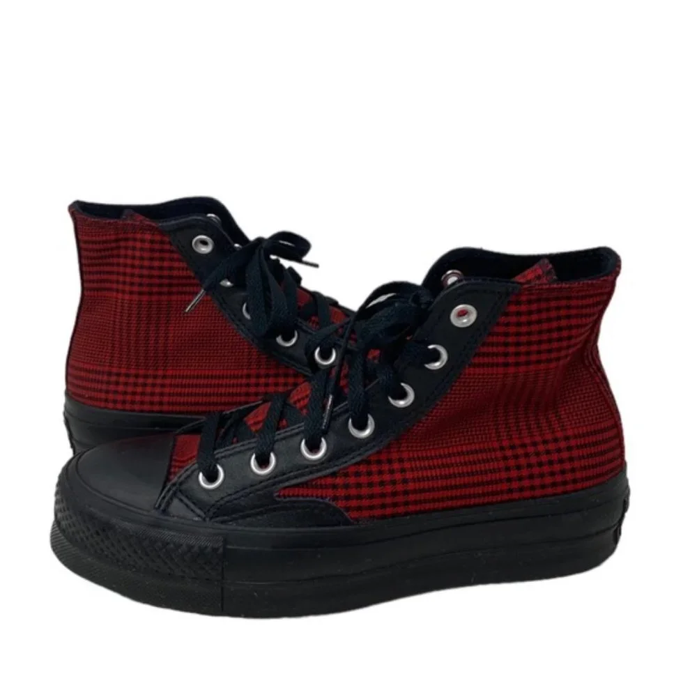 Converse Ctas Lift Platform High Top Canvas Skate Plaid Red Women Custom 569923C - Picture 9 of 11